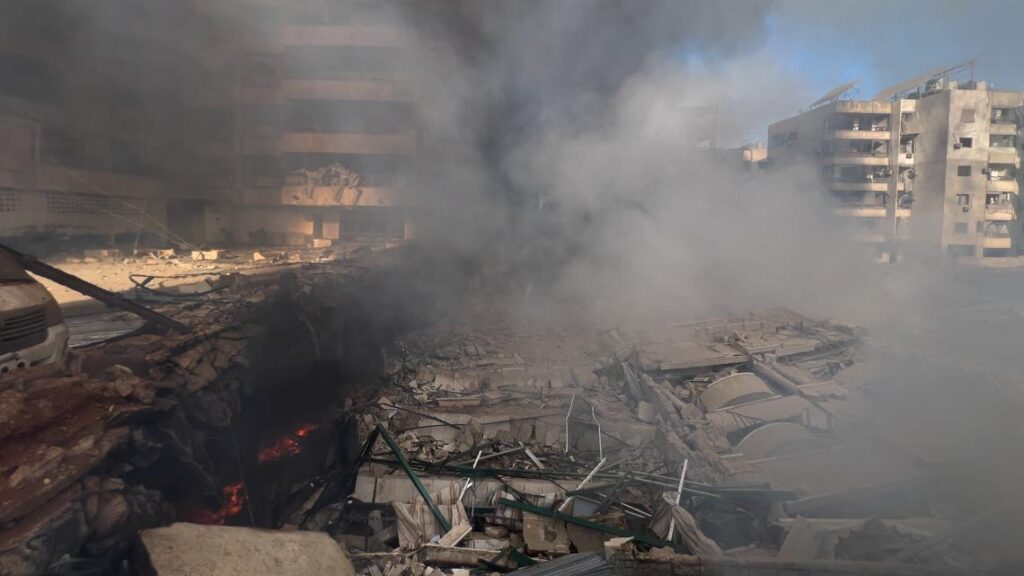 Smoke from a destroyed building in Dahiyeh, Lebanon