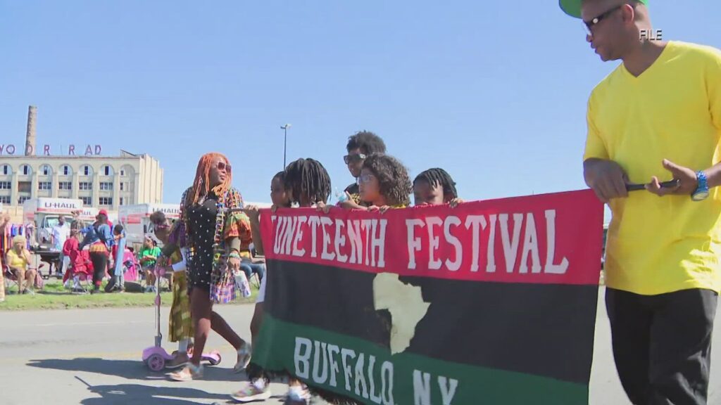 A festive community scene representing the Buffalo Juneteenth grand parade