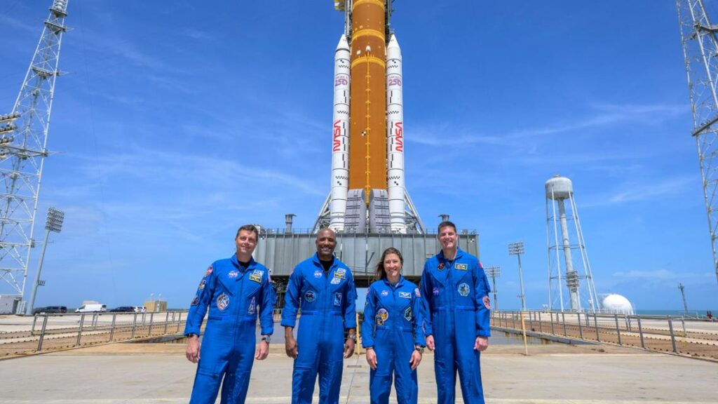 NASA's Artemis II mission rocket preparing for launch at the Kennedy Space Center