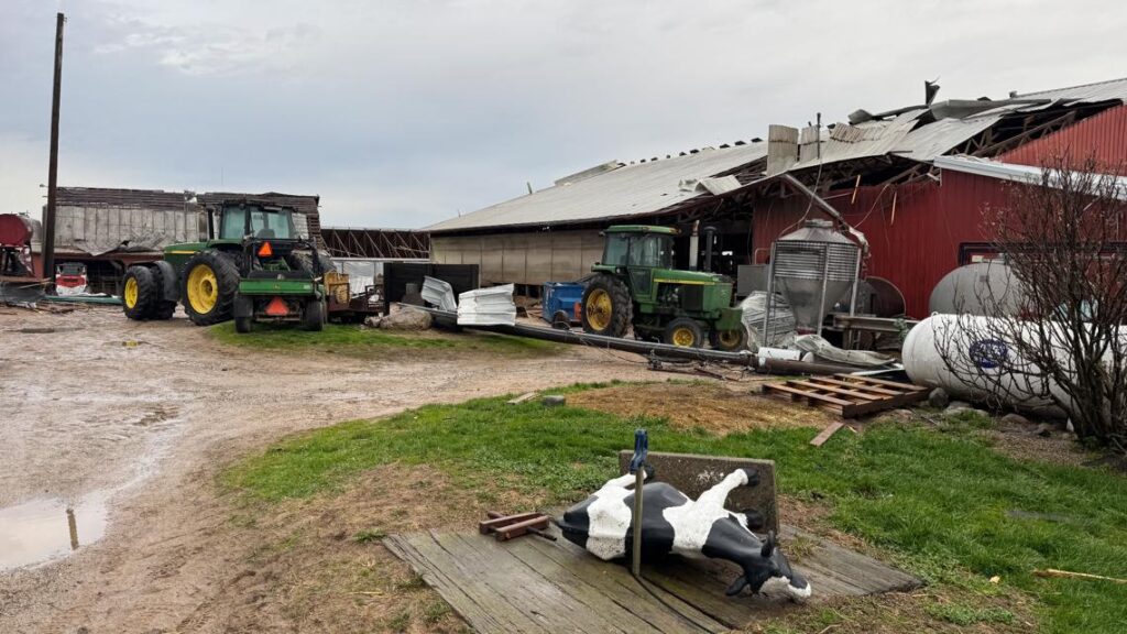Extensive structural damage and debris at Hull's Dairy Farm following a powerful tornado
